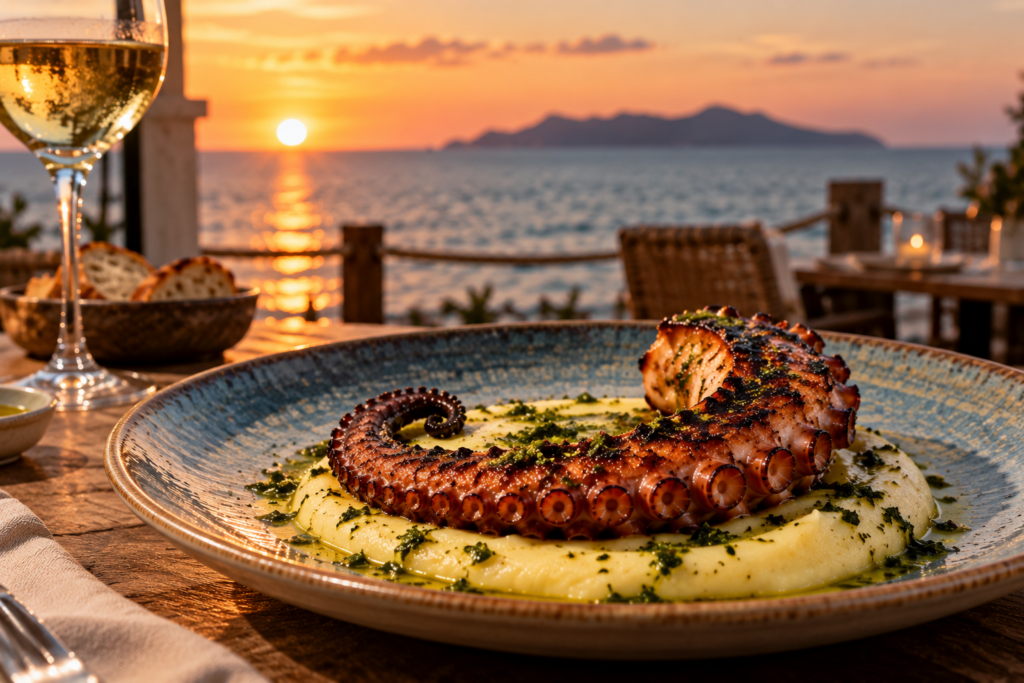 Tentacolo BOEO, polpo grigliato su crema di patate e olio al prezzemolo, al tramonto sul mare di Marsala